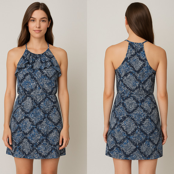Romantic Y2K Mini Dress Blue Silk ruffle halter back Strappy timeless Sz-M - Picture 1 of 10